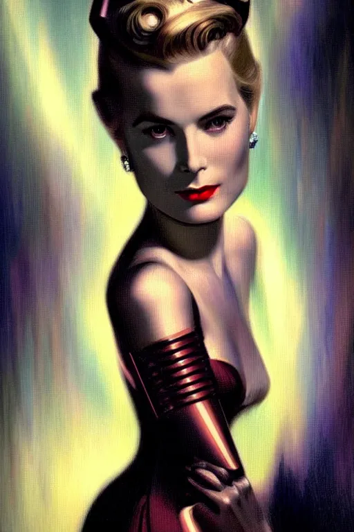 Image similar to beautiful evil cyborg grace kelly by steichen from the future in the style of a modern tom bagshaw, alphonse muca, victor horta, gaston bussiere. anatomically correct body mods. extremely lush detail. masterpiece. melancholic scene infected by night. perfect composition and lighting. sharp focus. high contrast lush surrealistic photorealism. sultry expression.