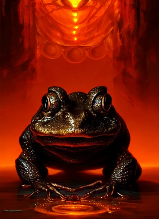 Prompt: portrait of an ancient black frog, a toad god, intricate, elegant, glowing lights, highly detailed, digital painting, artstation, concept art, smooth, sharp focus, art by wlop, mars ravelo and greg rutkowski