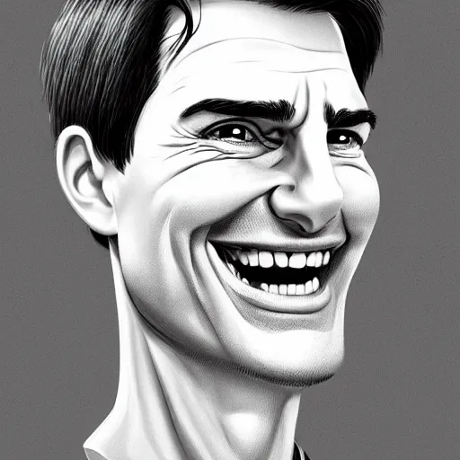 Image similar to caricature of tom cruise smiling, exaggerated features, highly detailed, drawing by mahesh nambiar, sebastian kruger, archille superbi, carola rubio, artstation