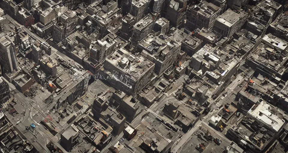 Image similar to aerial view of dilapidated zombie - apocalypse new york city in real life, desolate with zombies, dilapidated, empty streets, nightmarish, some rusted style parked vehicles, sunny weather, few clouds, volumetric lighting, photorealistic, daytime, autumn, sharp focus, ultra detailed, cgsociety