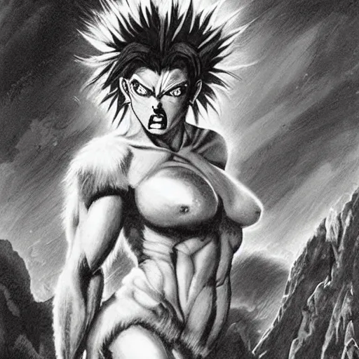 Image similar to Muscular savage woman, wild spiky black Saiyan hair, electrified hair, animal skin pelt, pelt, human-skin pelt, ragged torn caveman pelt, cavewoman, prehistoric fantasy, primeval fantasy, electricity aura, battle scars across body, red sky, battle-scarred, bloody, drawn by Frank Frazetta, pulp art, hyper-detailed