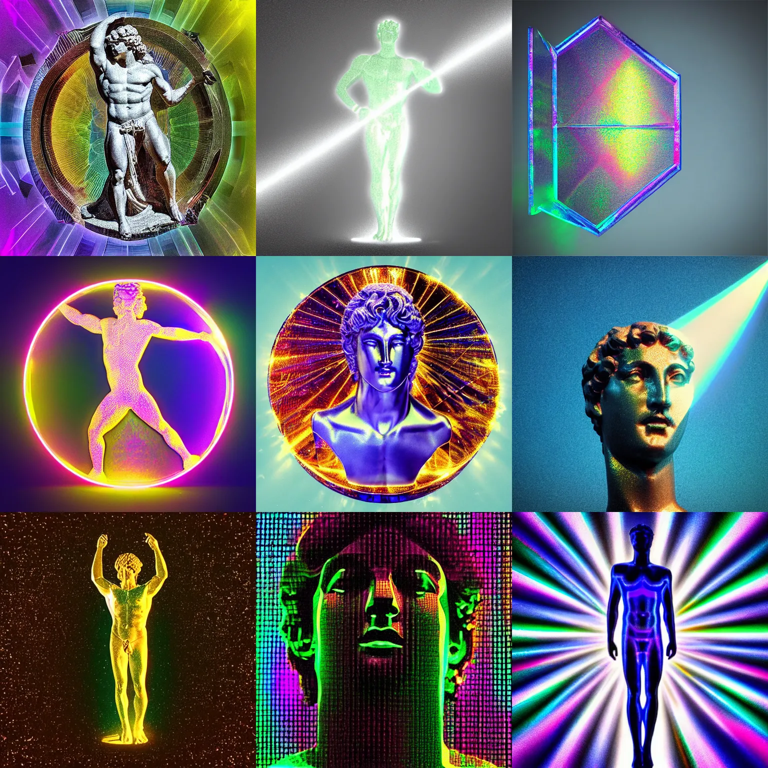 Prompt: “Holographic prism in the shape of a a Greek God Apollo, refraction, light rays shining through, 4k photo”