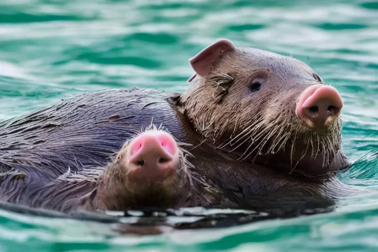 Image similar to a pig sea otter!!! hybrid! hyper realistic!! realistic lighting!! wildlife photographer of the year!!! bold natural colors, national geographic, hd, wide angle, 8 k