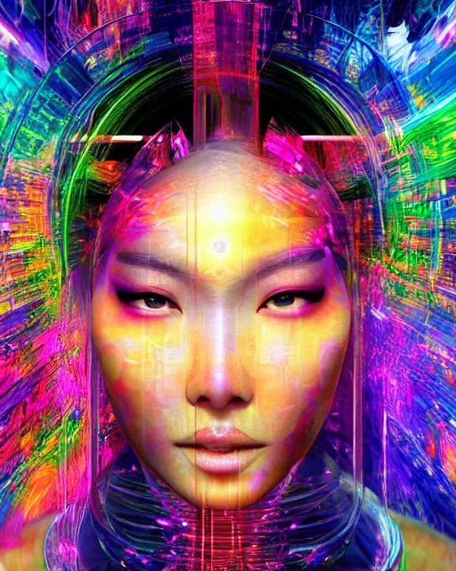 Image similar to a powerful energy psychedelic matrix asian woman, by alexander fedosav, hyper detailed digital matte painting, concept art, hyperrealism, 1 6 k resolution, cinema 4 d, 8 k resolution, trending on artstation, behance hd, a masterpiece, by stephan martiniere, particles, cel - shaded, power bright neon energy, by david a. hardy,