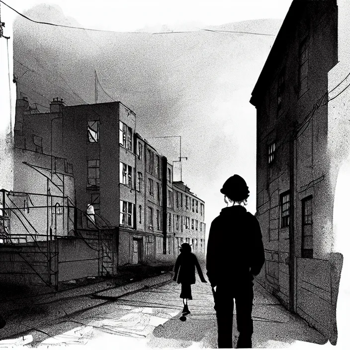 Image similar to [ sadie sink in dirty workmen clothes walks ] next to [ a long street with newcastle terraced housing ]. background : factory, dirty, polluted. technique : black and white pencil and ink. by gabriel hardman, joe alves, chris bonura. cinematic atmosphere, detailed and intricate, perfect anatomy