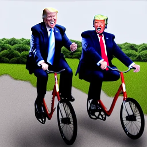 Image similar to joe biden and donald trump drunkenly riding a tandem bike together, laughing and joking, photorealistic, detailed