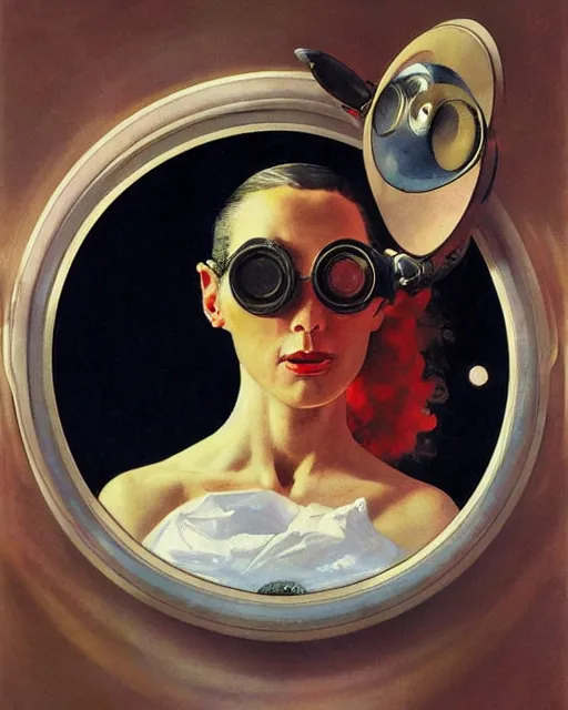 Prompt: head portrait of elegant space woman wearing monocle by norman rockwell, roberto ferri, daniel gerhartz, edd cartier, jack kirby, howard v brown, ruan jia, tom lovell, frank r paul, dean cornwell, astounding stories, amazing, fantasy, other worlds