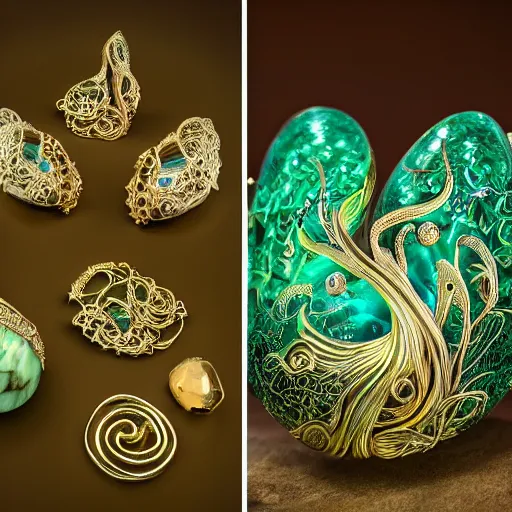 Image similar to jewellery with filigree faberge orchid betta whiplash forest liquid lightshow twisted organic natural forms designed by kilian eng and william morris, gold and jade, studio photography beautiful set up