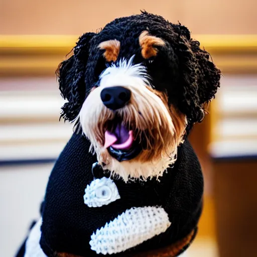 Image similar to a closeup photorealistic photograph of a cute smiling knitted bernedoodle judge dog dressed in a black gown, presiding over the courthouse. indoors, professional capture, well lit shot. this 4 k hd image is trending on artstation, featured on behance, well - rendered, extra crisp, features intricate detail, epic composition and the style of unreal engine.