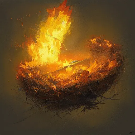 Image similar to oil paint of bird's nest of flames, isometric view, isometric map, by craig mullins by jakub rozalski