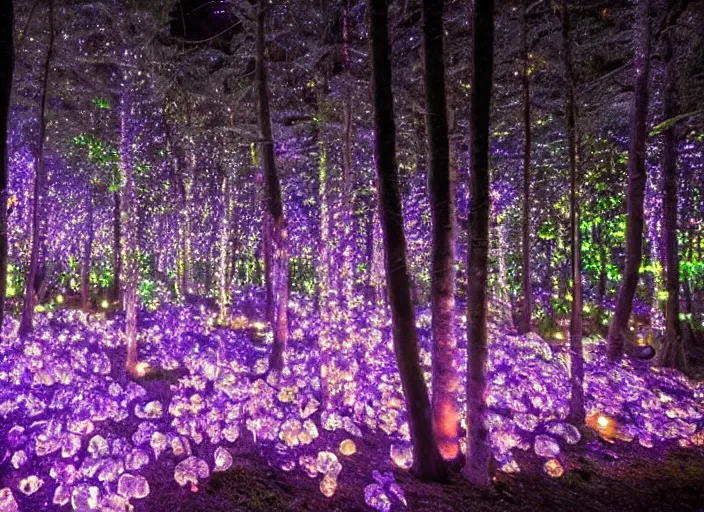 Image similar to a magical forest with crystal flowers that glow in the dusk,