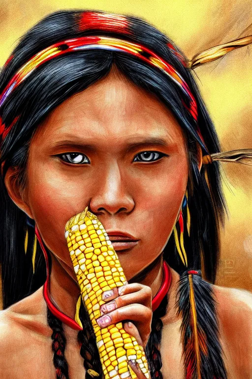 Image similar to a native american with corn for skin, highly detailed, digital art, sharp focus, trending on art station, anime art style