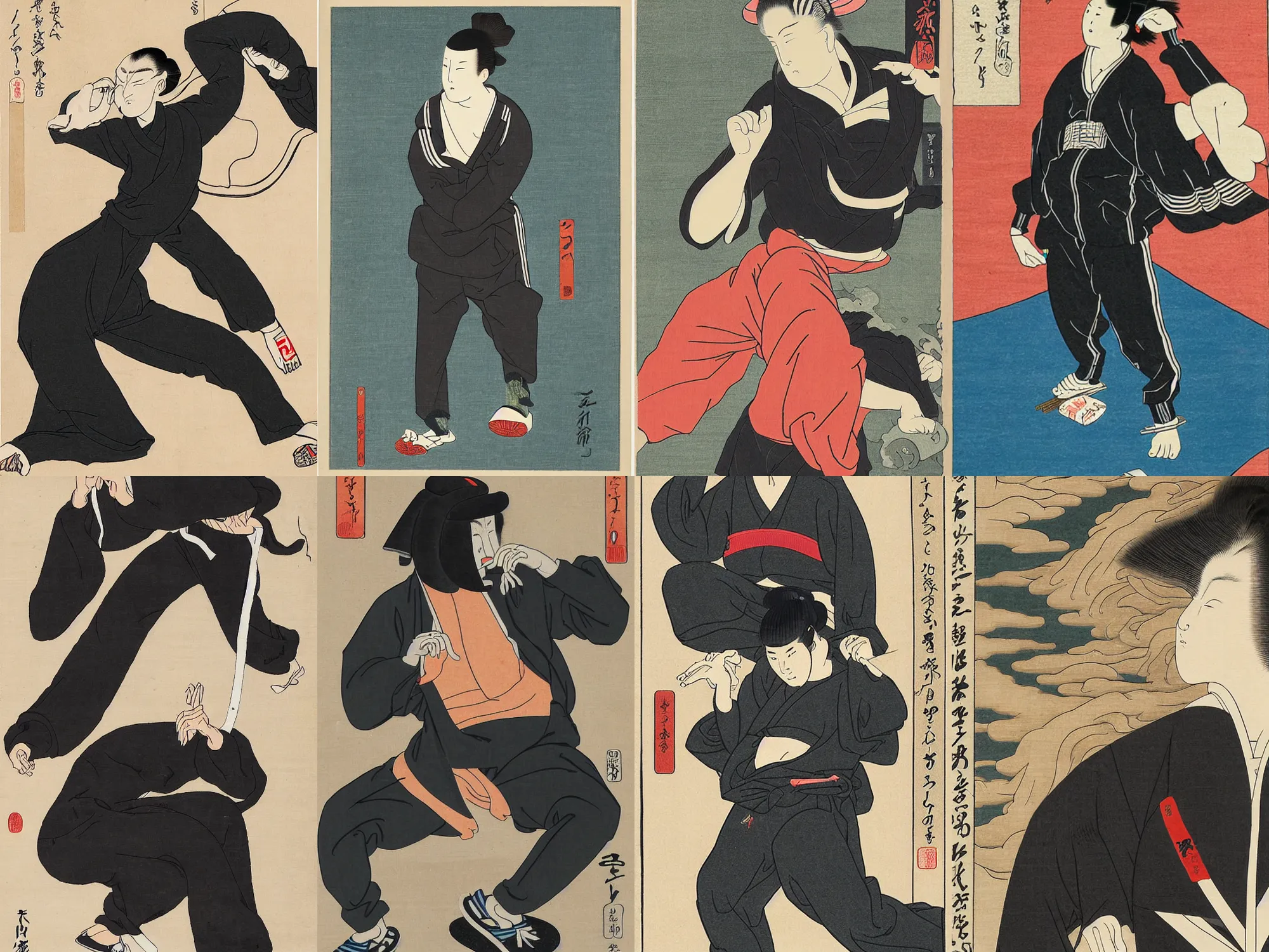 Prompt: Ukiyo-e art of drunk man in black Adidas tracksuit