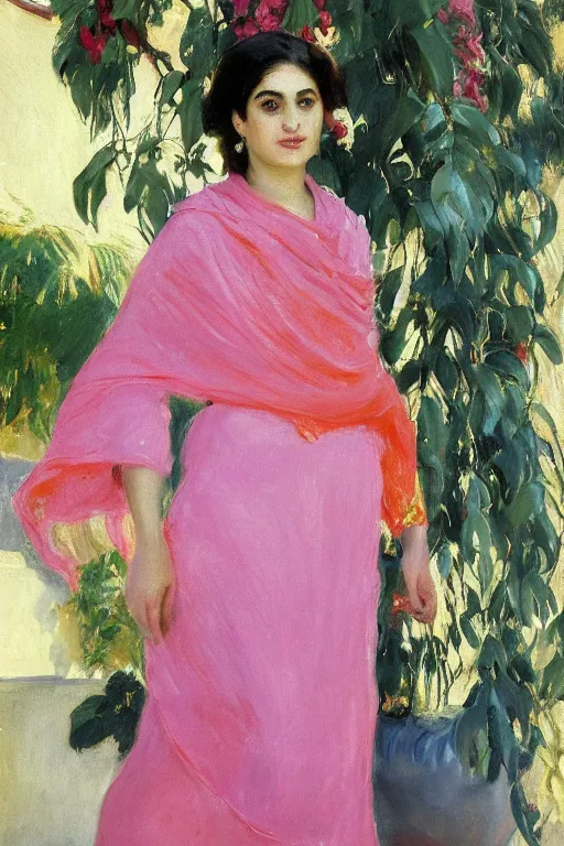 Prompt: portrait of persian girl with arabesque scarf near bougainvillea and palms, painting by john singer sargent