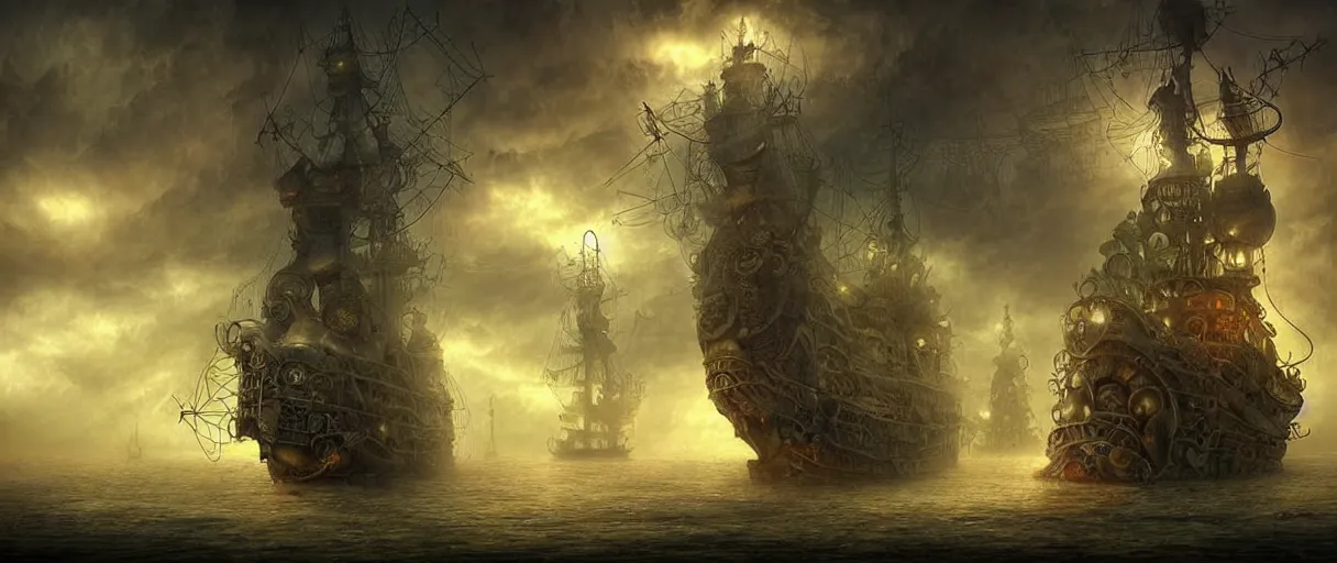 Prompt: steampunk cruising ship sailing at miniature maze with lighting volumetric storms, nice huge insane godrays, god helping mystic soul by, gediminas pranckevicius