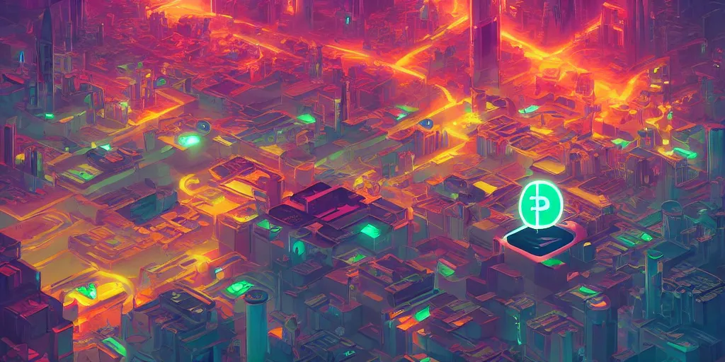 Image similar to weird perspective epic illustration of a futuristic city, bitcoin logo glowing on the wall in a scenic environment by Anton Fadeev