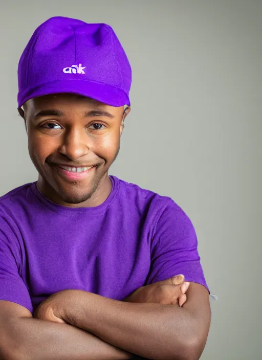 Image similar to portrait photo still of real life young craig tucker wearing a purple hat and purple clothes, 8 k, 8 5 mm, f. 1 4