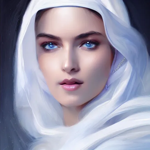 Prompt: ameera al taweel, bright blue eyes, long wavy white hair, white veil, front closeup, highly detailed, centered, oil painting, artstation, concept art by WLOP