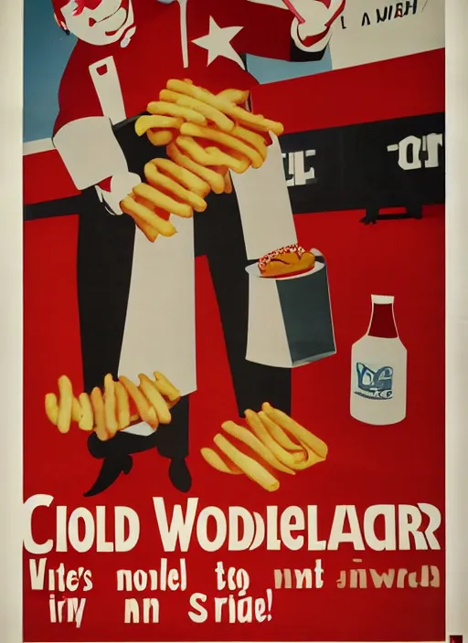 Image similar to cold war civil defense poster, for ronald mcdonald holding a tray of burgers,