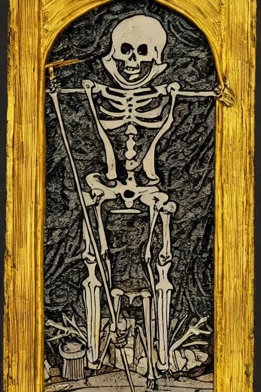 Image similar to tarot card of a king’s skeleton sitting on a decaying ancient throne, ornate frame, detailed