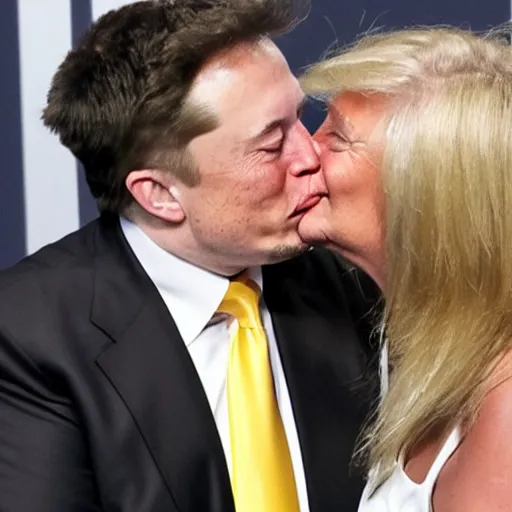 Image similar to a detailed photograph of elon musk kissing donald trump