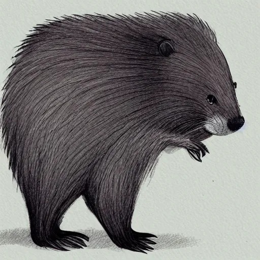 Image similar to a beaver in profile with a big tail and big front teeth, fluffy fur drawn concept art