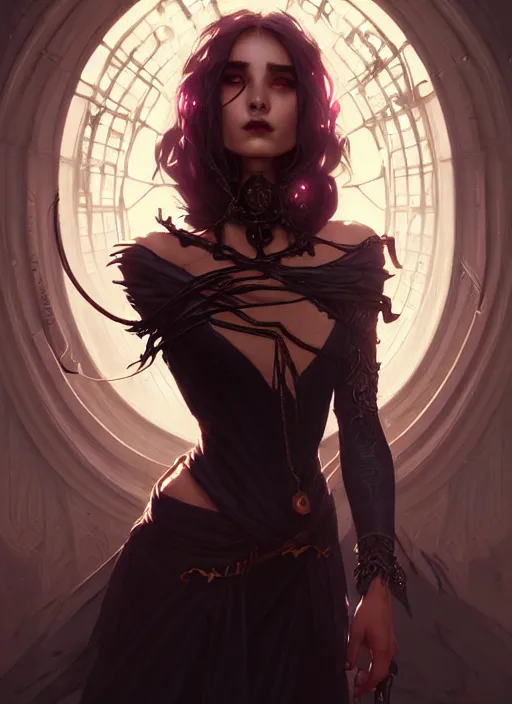 Image similar to Necromancer Sorceress, fantasy magic, undercut hairstyle, dark light night, intricate, elegant, sharp focus, illustration, highly detailed, digital painting, concept art, matte, art by WLOP and Artgerm and Greg Rutkowski and Alphonse Mucha, masterpiece