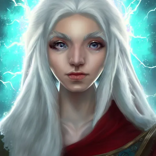 Image similar to Beautiful white haired aged fair skinned scholar elf with spell scroll and lightning background, realism, digital painting, detailed artwork, portrait, mythical, artstation