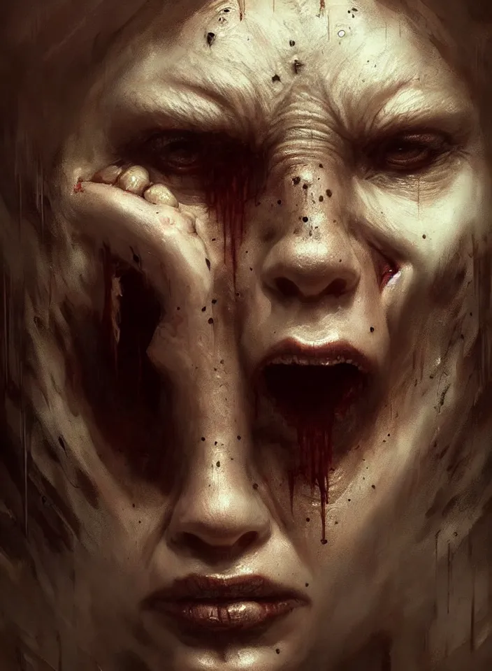 Prompt: a face portrait of a creature invoking fear, art by greg rutkowski, silent hill, horror setting, dark lighting, matte painting, trending on artstation, very detailed