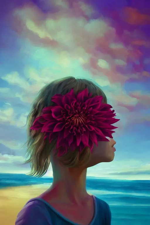 Image similar to closeup girl with huge dahlia flower face, on the beach, surreal photography, blue sky, sunrise, dramatic light, impressionist painting, digital painting, artstation, simon stalenhag