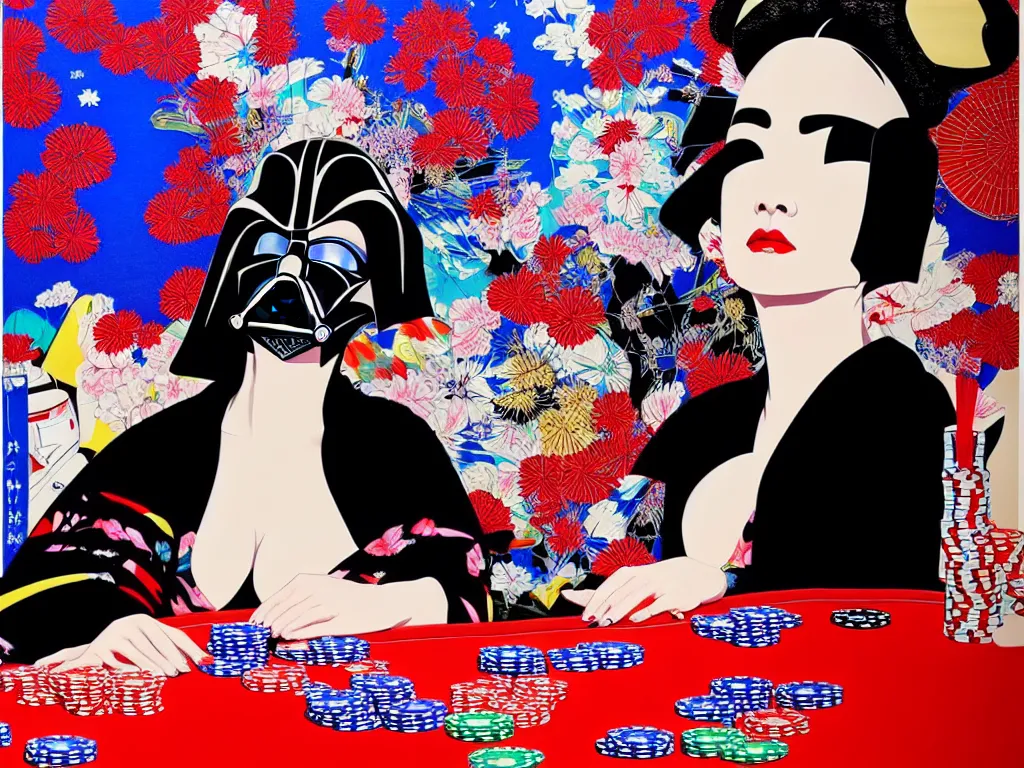 Image similar to hyperrealistic composition of the detailed woman in a japanese kimono sitting at a extremely detailed poker table with detailed darth vader, fireworks, mount fuji on the background, pop - art style, jacky tsai style, andy warhol style, acrylic on canvas