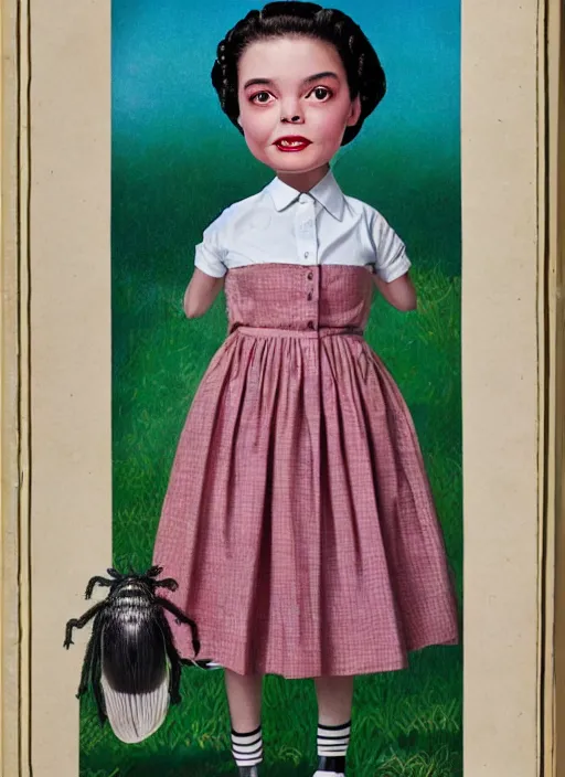Image similar to portrait of a girl whose head is a comically large tarantula and whose body is dressed in a 1950s school dress, inspired by Mark Ryden and Marion Peck, hints of Cronenberg