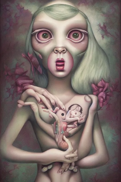 Prompt: pop surrealism, lowbrow art, realistic cute girl painting, hyper realism, muted colors, trevor brown, mark ryden style