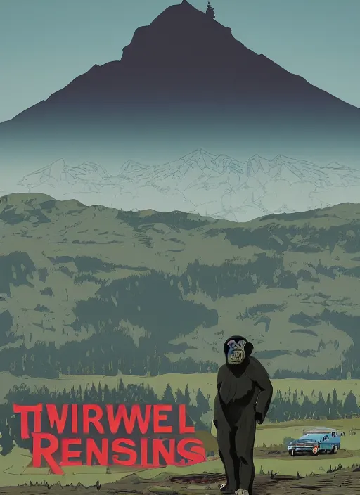 Prompt: Twin Peaks movie poster artwork by Michael Whelan and Tomer Hanuka, Rendering of a chimpanzee in a scientist lab coat, small rural town in background, from a scene from Twin Peaks, clean, full of detail, Matte painting, trending on artstation and unreal engine