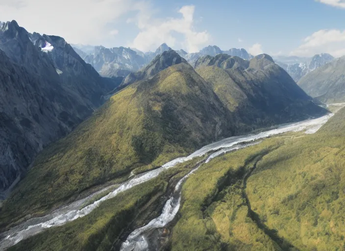 Prompt: Sprawling mountains and curving rivers