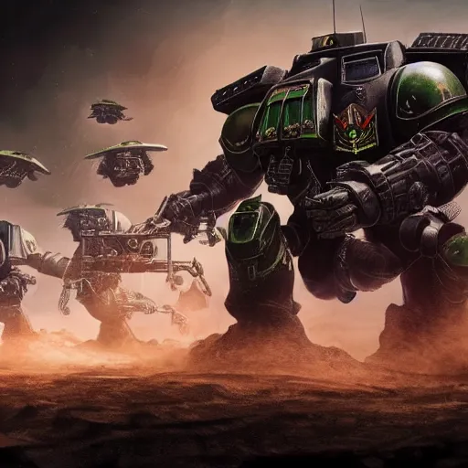 Image similar to dark angels chapter space marine terminator squad fighting a gigantic insectoid alien, 4 k, octane render, extremely detailed, martian landscape