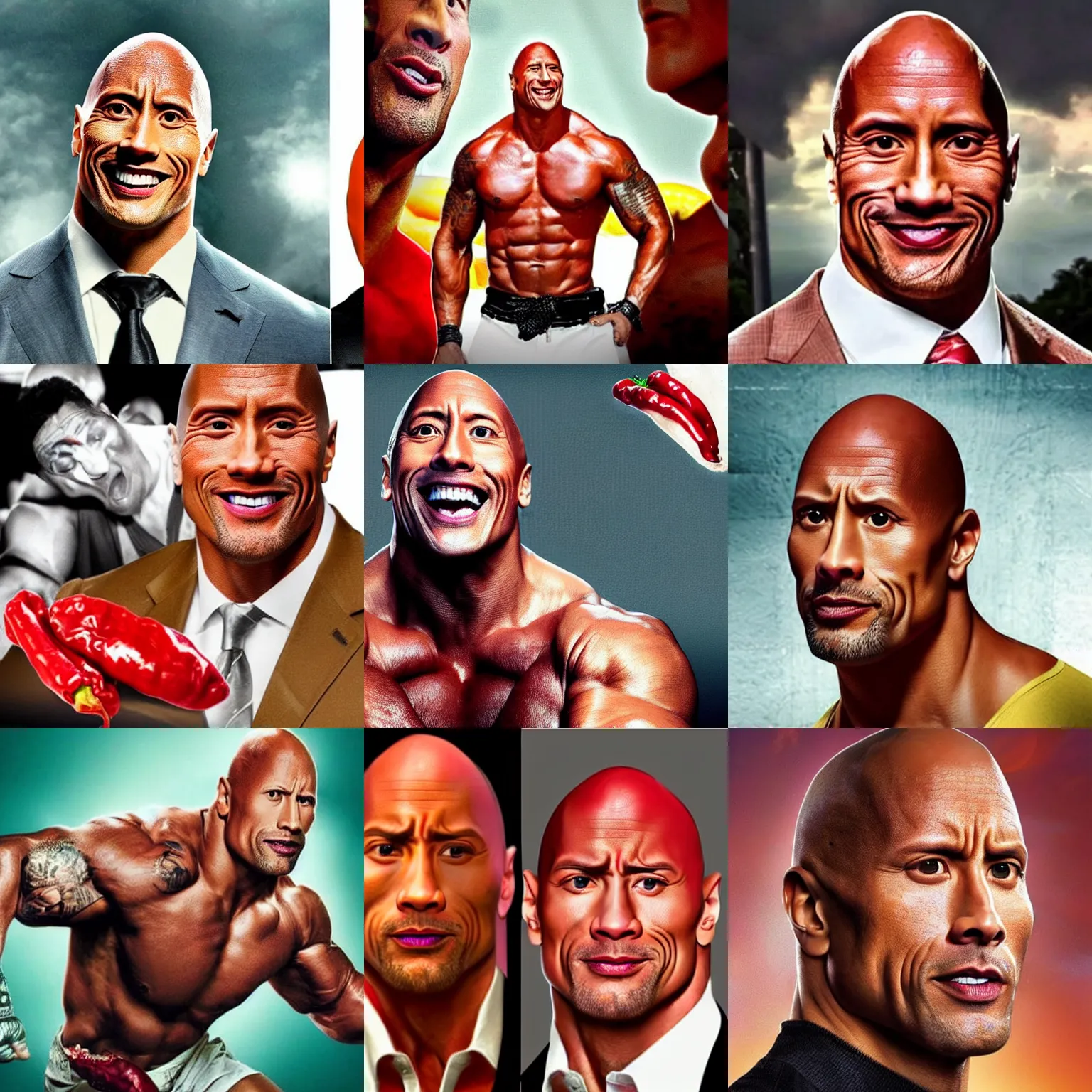 Prompt: dwayne johnson's face photoshopped poorly on a chili pepper