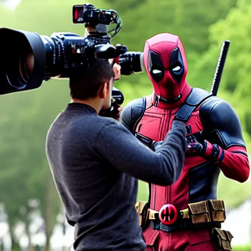 Image similar to candid photo of deadpool filming a camera man, 4 k