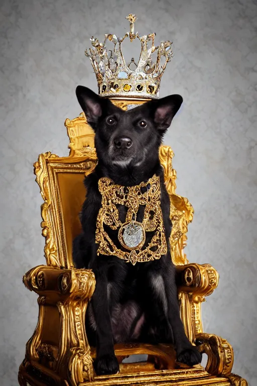 Prompt: a dog sitting on a throne with a crown on its head, professional photography