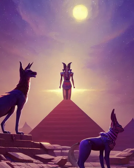 Image similar to highly detailed vfx portrait of a egyptian god anubis talking to horus with pyramid behind them, sky galaxy purple, unreal engine, greg rutkowski, loish, rhads, beeple, makoto shinkai and lois van baarle, ilya kuvshinov, rossdraws, tom bagshaw, alphonse mucha, global illumination, detailed and intricate environment