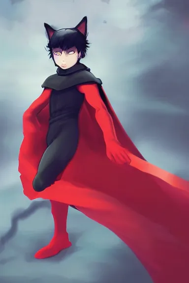 Image similar to little boy with cat ears in an black outfit with red cape. digital artwork made by lois van baarle and kentaro miura and marc simonetti, sharpness focus, inspired by hirohiko araki, anatomically correct, heroic composition, hero pose, smooth. red and black