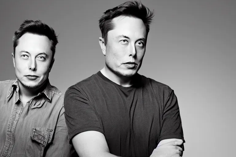 Image similar to A portrait photo of Elon Musk teams up with a teenage Elon Musk, perfect faces, 50 mm, award winning photography