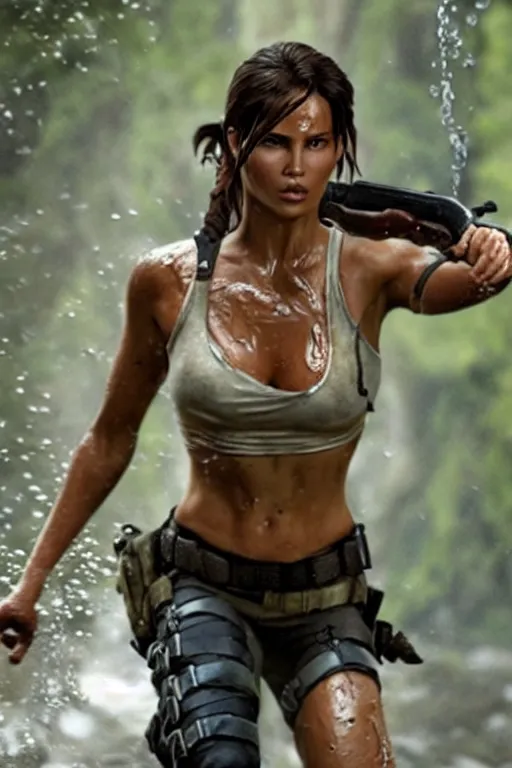 Prompt: film still of lara croft, close up, drenched body, wet dripping hair, emerging from the water