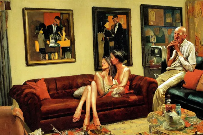 Image similar to a thin man and his wife sit on a sofa and argue in a dark living room, painted by phil hale and rick berry and dean cornwell and norman rockwell and jeremy mann, highly detailed