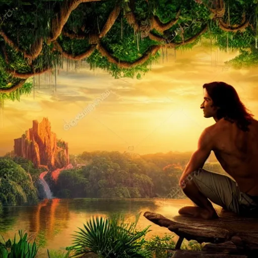 Image similar to Disney's Tarzan watching sunset with beautiful clouds