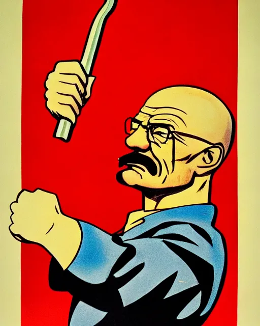 Image similar to soviet communist propaganda poster of walter white as a farmer with his closed fist up in the air, hammer and sickle, happy