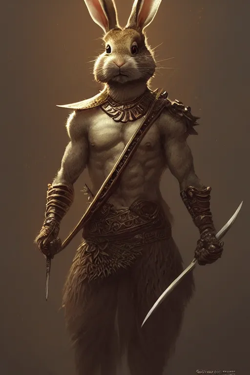 Prompt: a anthropomorphic rabbit warrior, diffuse lighting, fantasy, intricate, elegant, highly detailed, lifelike, photorealistic, digital painting, artstation, illustration, concept art, smooth, sharp focus, naturalism, trending on byron's - muse, by greg rutkowski and greg staples