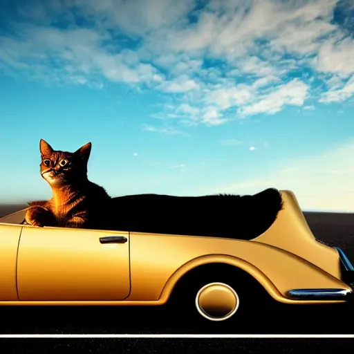 Image similar to cat cruising in a cabriolet, golden hour, front top side view, golden ratio, idyllic setting