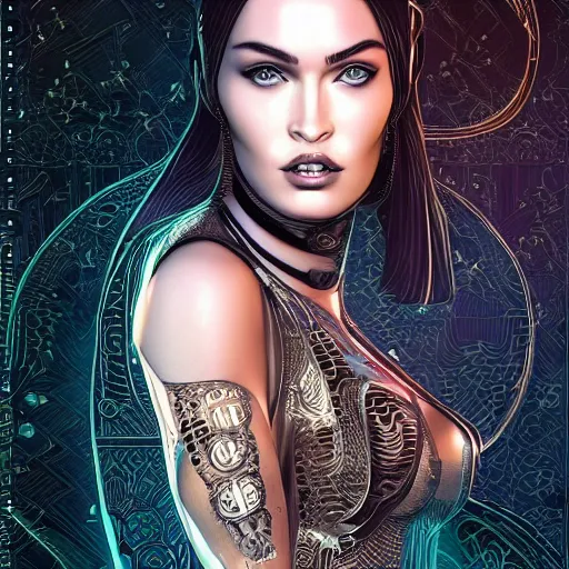 Prompt: the portrait of an elegant, sophisticated, fashionable ottomanpunk robotess idol, an ultrafine illustration of young half arab megan fox mix by kim jisu, intricate linework, neon wiring, fashion, porcelain skin, unreal engine 5 highly rendered, global illumination, radiant light, detailed and intricate environment, by rutkowski, artgerm, marvel comics