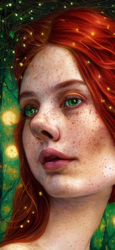 Image similar to young woman, smiling, amazed by golden fireflies lights, sitting in the midst of nature fully covered, long loose red hair, intricate linework, green eyes, small nose with freckles, oval shape face, realistic, expressive emotions, dramatic lights, spiritual scene, hyper realistic ultrafine art by cecco del caravaggio and albert bierstadt and artgerm